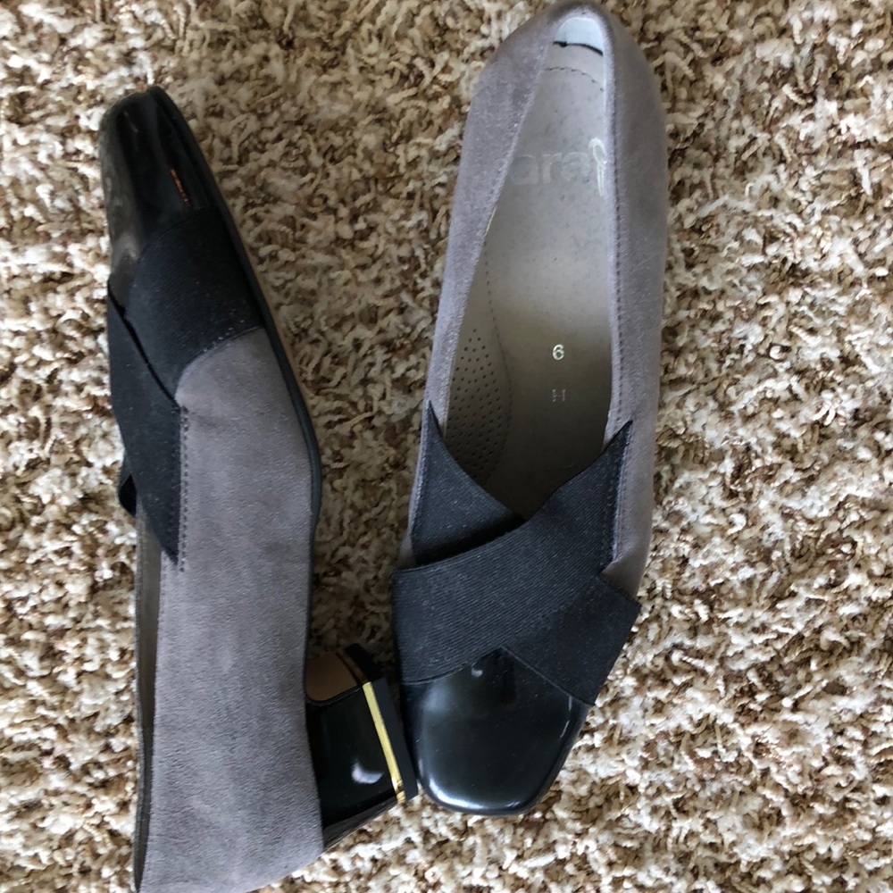 Ara black & gray suede shoes, size 9, low black patent heel with gold accent
